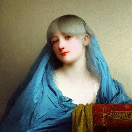 Prompt: a young woman’s face, her hair is white, she wears a long flowing blue satin veil, by ivan aivazovsky and pieter claesz and paul delaroche and alma tadema and august malmstrom and and willen claesz heda and aelbert cuyp and gerard ter borch, hyperrealistic, volumetric light, helios 40 lens, rendered in octane, c4d