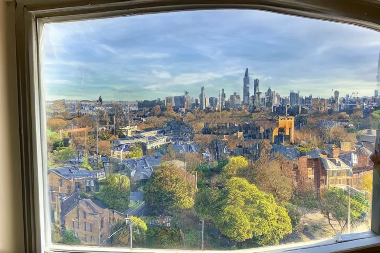 Prompt: a picture of us looking outside bay windows and seeing our utopian city, attention grabbing, golden hour, award winning, swarm of drones