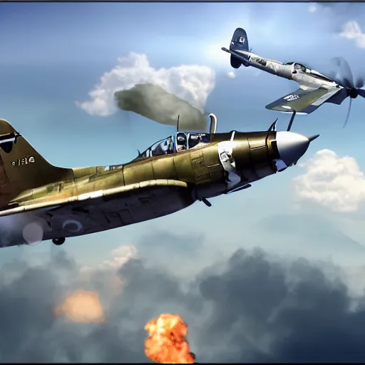 Image similar to an epic dogfight between a f 4 f - 4 wildcat and a mitsubischi a 6 m 2 b - 2 1 zero, full colour, 8 k cinematic photography, explosions in the background, parachutes, ultra realistic digital art, unreal engine