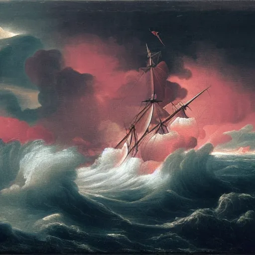 Prompt: 17th century frigate in a storm, turbulent waves, lightning in the background, crimson tint. Carl Friedrich