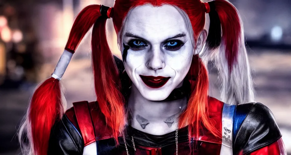 Image similar to real-life Harley Quinn, cinematic, Wide-shot, atmospheric lighting, directed by Quentin Tarantino, extreme detail, 8K, movie still