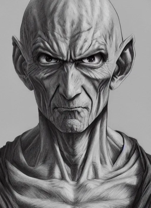 Image similar to realistic portrait pencil sketch of piccolo from dragon ball, old mystic ruins, afternoon, intricate, elegant, highly detailed, digital painting, sharp, focus, by artgerm and greg rutkowski