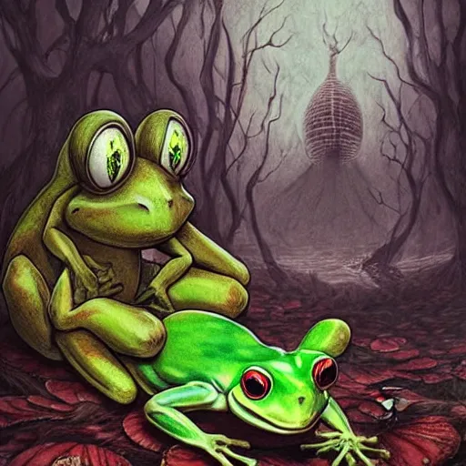 Prompt: A portrait of a scary godlike frog eating a fairy. award winning. superb resolution. in the art style of junji Ito and greg rutkowski . Detailed Mushroom city in background. Hyper realistic anime. Perfect art. Dalle2