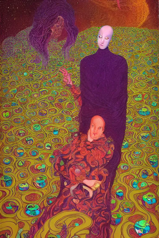 Image similar to portrait of a woman programming the samsara holy cluster, fine portrait, concept art, stunning, visionary, hyper realistic, beautiful, digital painting, wow, by brecht evens, by jean delville, in the style of francis bacon, by victo ngai