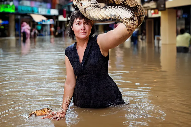 Prompt: closeup portrait of a woman carrying a python over her head in a flood in Rundle Mall in Adelaide in South Australia, photograph, natural light, sharp, detailed face, magazine, press, photo, Steve McCurry, David Lazar, Canon, Nikon, focus