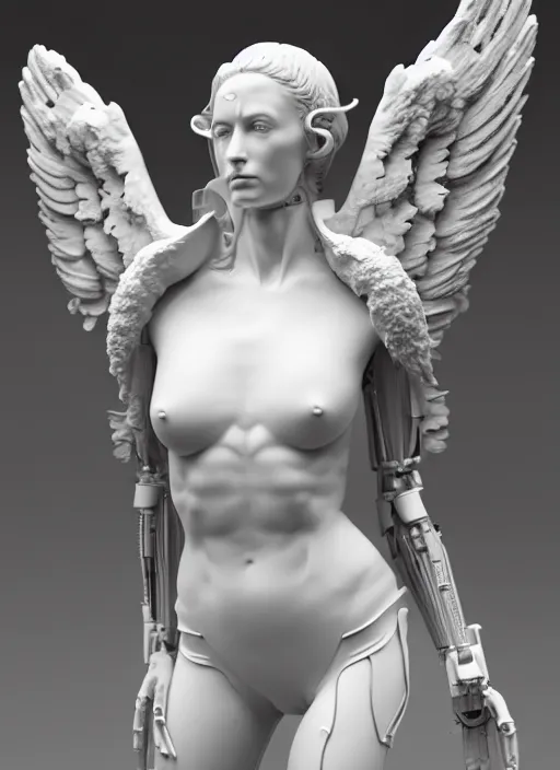 Image similar to a bloody statue made of white marble, of an gorgeous futuristic cybernetic angel girl, prostheses, transhumanism, full body shot, perfect symmetrical body, perfect symmetrical face, hyper realistic, hyper detailed, by johannen voss, by michelangelo, octane render, blender, 8 k