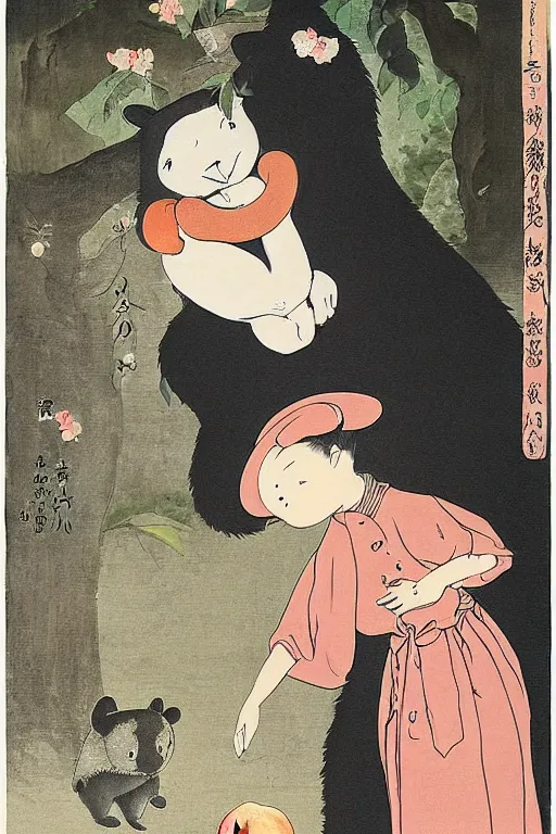 Image similar to a girl with a peach in her hands stands beside an anthropomorphic black bear, offering the peach to the bear. in the style of foujita tsuguharu