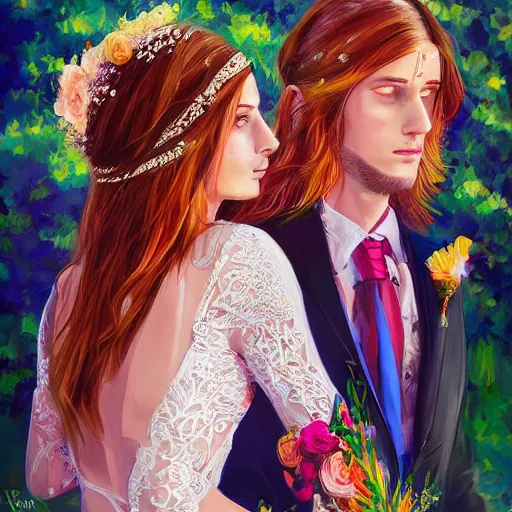 Prompt: wedding in 1 9 7 0 hippie fashion, digital painting, ultradetailed, artstation, oil painting, ultradetailed, artstation