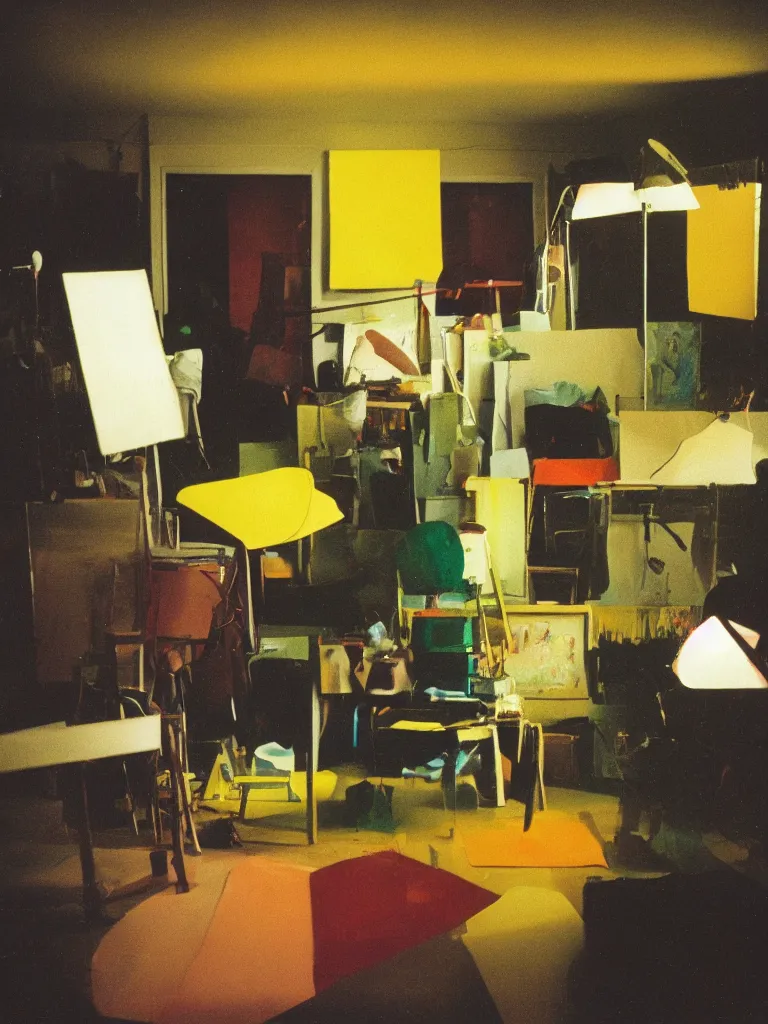 Prompt: dramatic scene shallow depth of field medium shot uncanny surreal photograph of a colorful intimate art studio in 1 9 9 5 titled'this yellow light on ', photographed by william eggleston and ken price and man ray, grainy shocking detail trending on artstation 8 k