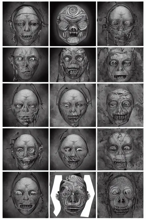 Image similar to mayan facial anatomy with gunmetal grey skin, medical anatomy, very symmetrical face, highly detailed, three - perspective / three - view reference sheet ( front / back / side ), in the style of dan ouellette, steven jung, amanda lilleston, hr giger, sil from species, dren from splice, mecha, artstation, unreal engine