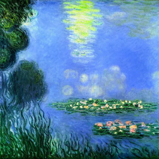 Image similar to gloomy underwater pastoral dreamscape by claude monet, from legend of zelda water temple level