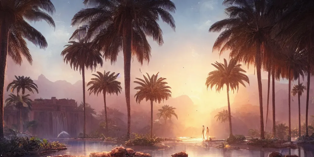 Image similar to beautiful oasis waterfalls surrounded by palm trees moroccan tile archways, date trees, ivory towers sunset peter morbacher ross tran angelarium greg rutkowski alchemy luxury heavenly light soft illumination, trending on artstation cinematic lighting digital painting octane render, artgerm