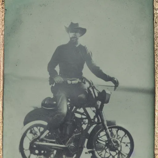 Prompt: tintype photo, bottom of the ocean, cowboy riding spider