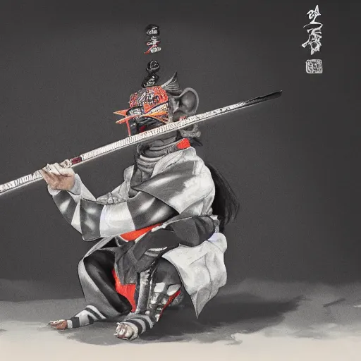 Image similar to Sumi-e painting of a monkey, wearing traditional samurai armor, helmet and mempo, welding a katana, octane render, hyper realistic, full body shot, rendered in 8K resolution, black ink painting