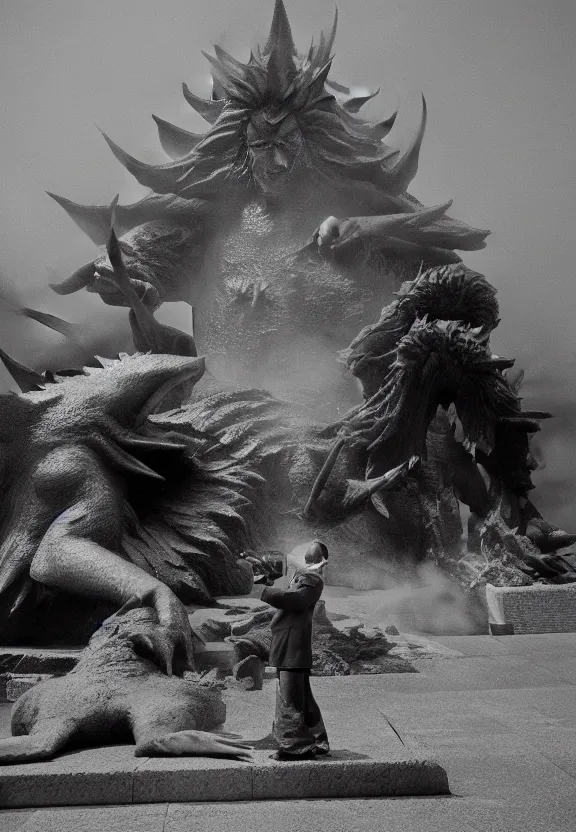 Image similar to North korean kaiju starfish/bull style monster, kaiju-eiga, thriller, monochrome, film grain, flare, backlit