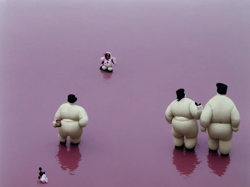 Image similar to 3 5 mm kodachrome colour photography of michelin man and stay - puft marshmallow man dancing in a pink lake, taken by harry gruyaert