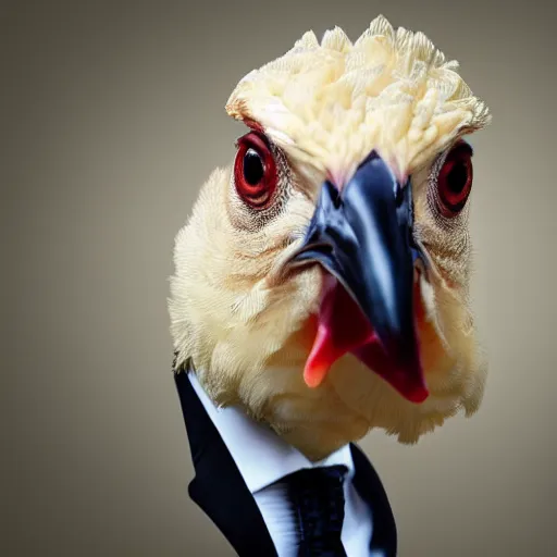 Image similar to a closeup portrait of an antropomorphic chicken wearing a suit, photorealistic