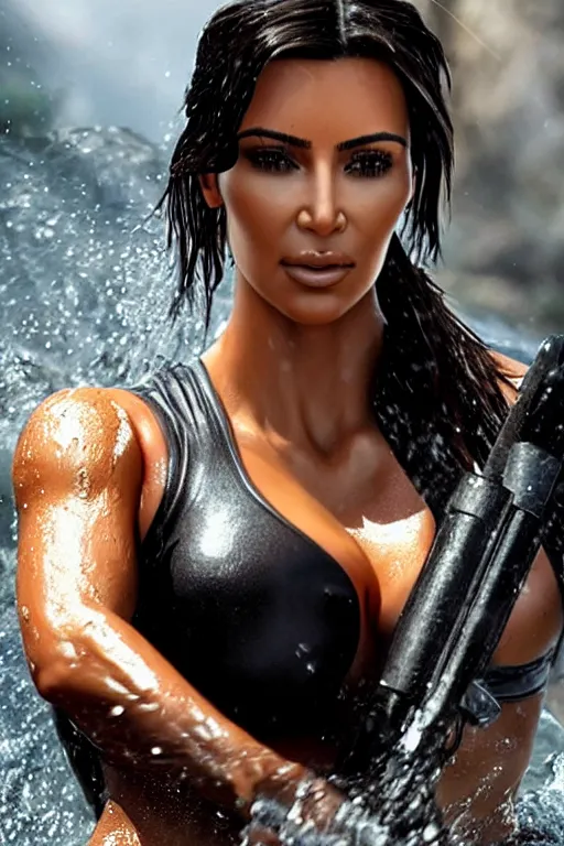 Prompt: a film still of kim kardashian as lara croft, close up face detail, muscular, wet body, model photography, wet dripping hair, emerging from the water