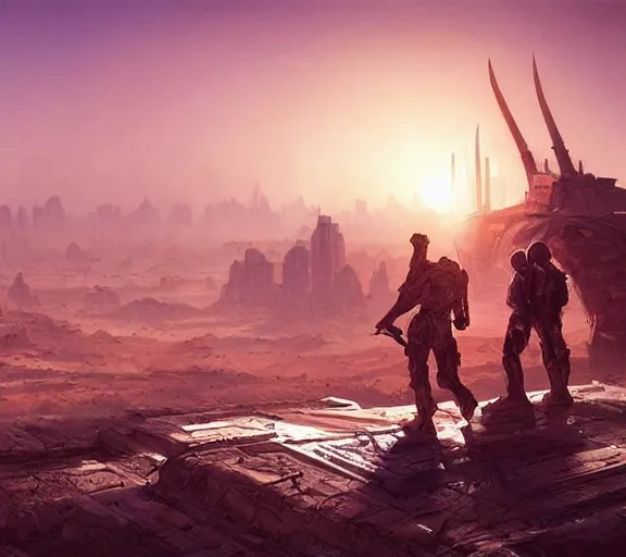 Image similar to detailed concept illustration, matte painting, strong muscular older soldier roaming through desert with city in the skyline, two suns, purple sky orange colors, ant aliens at the horizon, sharp focus, illustration, highly detailed, digital painting, concept art, matte, art by wlop and artgerm and greg rutkowski, masterpiece