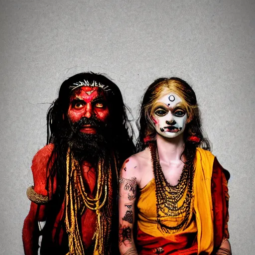 Image similar to realistic expired kodak film portrait of aghori tantrik with kapala, albino india woman tentacled creature mix, marigold, roses celestial vibe, hyperrealism, hypermaxiymalism, photorealistic, detailed, atmospheric, 8 k, award winning photography, cinematic