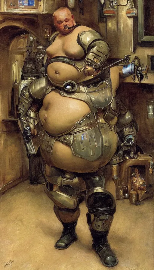 Prompt: upper body portrait of a fat armoured cyborg in an english country pub, by normal rockwell and greg staples and john singer sargent