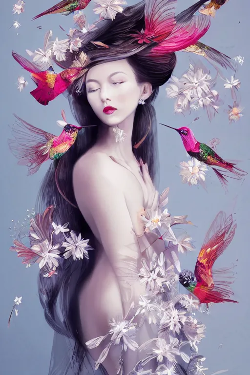 Image similar to fashion illustration of a beautiful girl wearing an origami dress, eye - level medium shot, fine floral ornaments in cloth and hair, hummingbirds, elegant, by eiko ishioka, givenchy, by peter mohrbacher, centered, fresh colors, origami, fashion, detailed, playful, dreamy, vogue, japanese, reallusion character creator