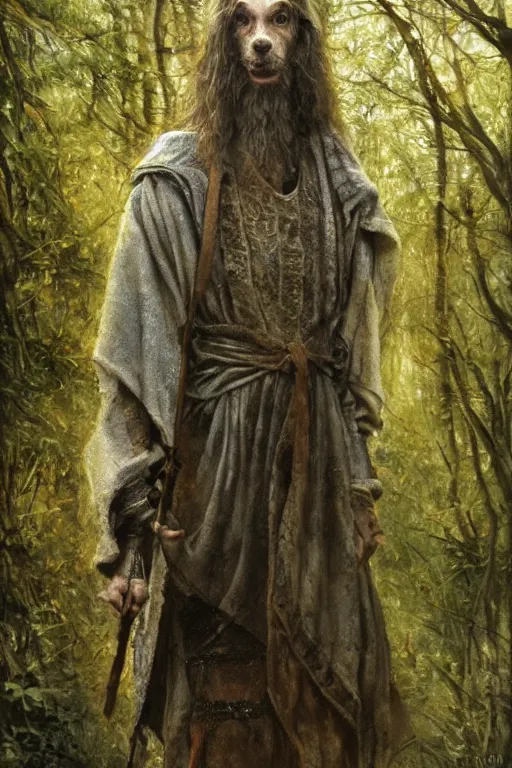 Image similar to slavic dog head man, woolen torso in medieval clothes, walking in the forest, orthodox saint christopher, art by luis royo, oil painting, painting by viktor vasnetsov, concept art, hyperrealism, beautiful, high resolution, trending on artstation,