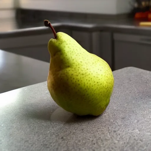 Prompt: a pear sitting on the counter top that is a symbol of capitalism rotting society from the inside out