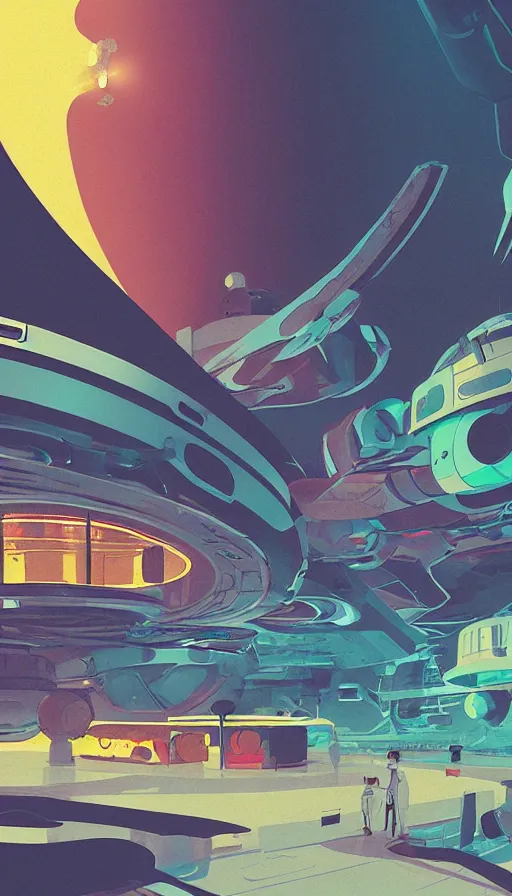 Image similar to spaceship fuel station, sharp focus, james gilleard, moebius, print, risograph, cinematic, game art