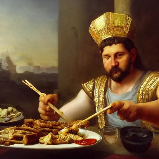 Image similar to roman emperor leonid eating kebab on the horse, a close view, hyperrealistic, 8 k