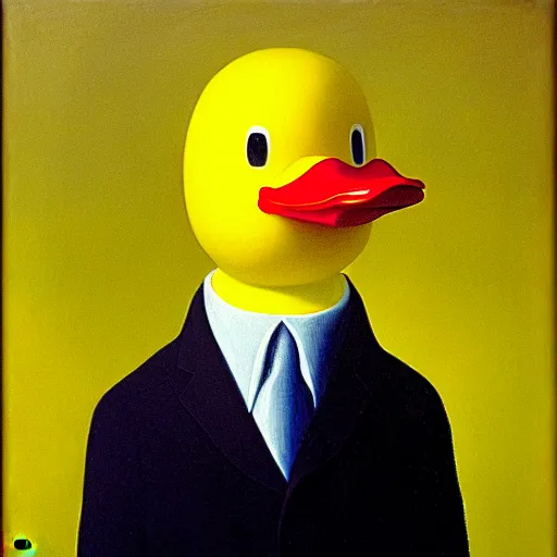 Image similar to portrait of a yellow rubber duck by rene magritte, oil on canvas.