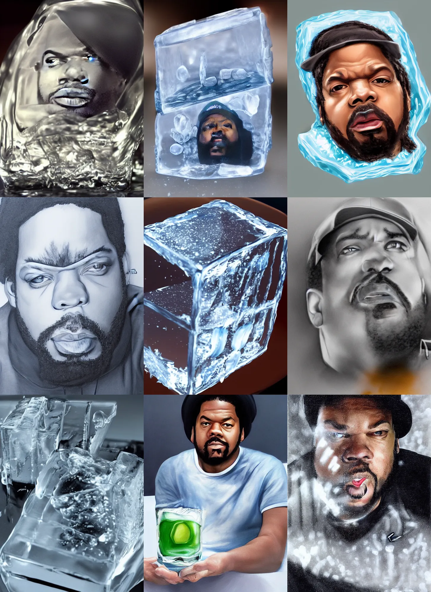 Prompt: the rapper'ice cube'inside an ice cube, photorealistic