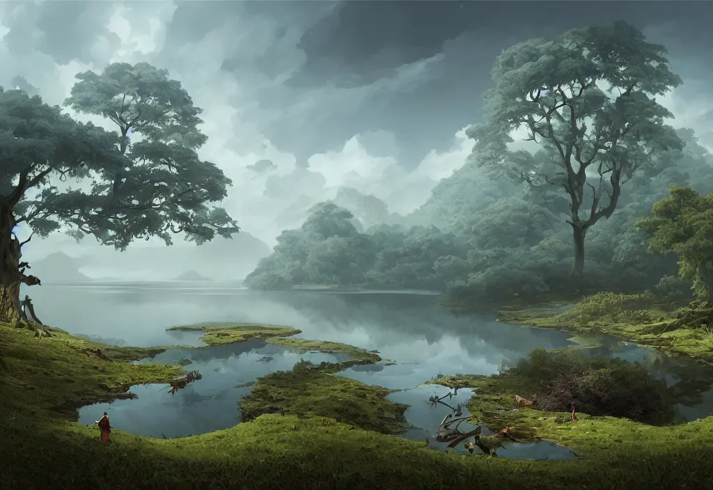 Image similar to lake landscape without people, high trees, top of the hill, above low layered clouds, deep focus, fantasy, intricate, elegant, highly detailed, digital painting, artstation, concept art, matte, sharp focus, illustration, hearthstone, art by rhads and artgerm and greg rutkowski and alphonse mucha. gediminas pranckevicius