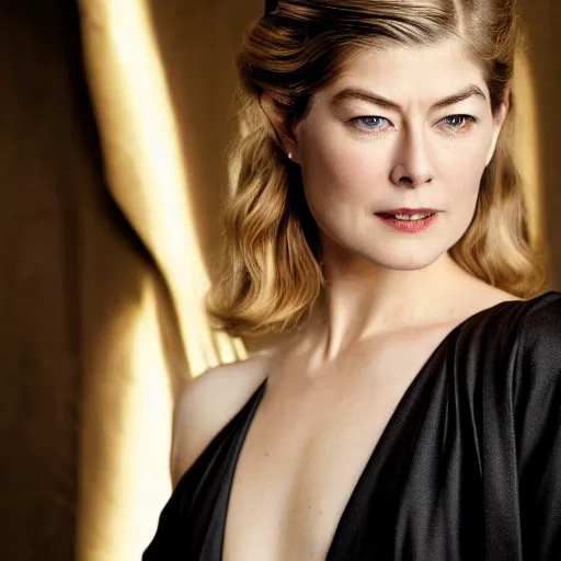 Image similar to rosamund pike wearing black robe and golden necklace cinematic photoshoot high quality highly affordable photo realistic 8 k hd