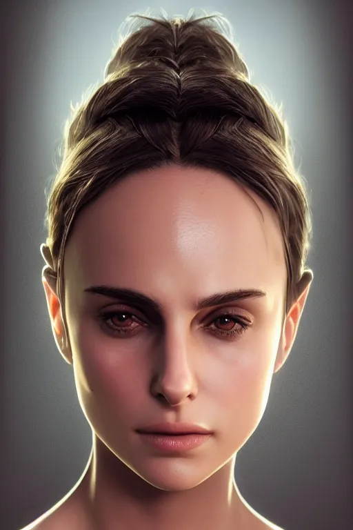 Image similar to Nathalie Portman portrait, loving amber eyes, a shy face, looking at camera, unreal 5, hyperrealistic, octane render, Regal, Refined, Detailed Digital Art, RPG portrait, William-Adolphe Bouguereau, Michael Cheval, dynamic lighting, Highly Detailed, Cinematic Lighting, Unreal Engine, 8k, HD