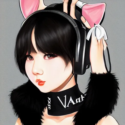 Image similar to realistic beautiful gorgeous natural cute Blackpink Lalisa Manoban black hair cute fur black cat ears, wearing white camisole, headphones, black leather choker artwork drawn full HD 4K highest quality in artstyle by professional artists WLOP, Taejune Kim, Guweiz on Artstation Pixiv