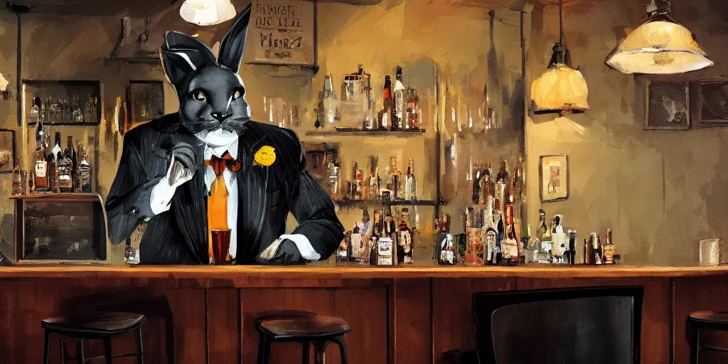 Image similar to a biped rabbit wearing a tie sits on a barstool at the bar of a 4 0 s jazz club, warm color palette, night time, dramatic lighting, noir film, character sheet, fine details, high contrast, blacksad, kim jung gi, greg rutkowski, trending on artstation, 8 k, front view, back view, ultra wide angle