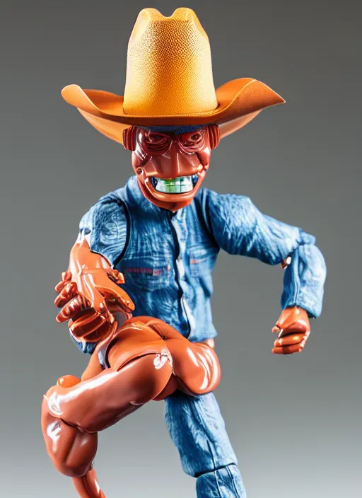 Prompt: a cowboy hat with arms and legs and a face wearing nikes, action figure, sofubi, studio lighting, colored gels, colored background, xf iq 4, 1 5 0 mp, 5 0 mm, f 1. 4, iso 2 0 0, 1 / 1 6