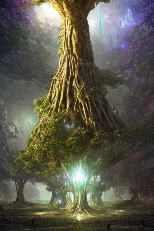 Prompt: tree of life, volymetric light, tiny miniature city around base of tree, sprawling out around it, dappled shadows and sparkly buildings, highly detailed matte painting by ( ohrai ), charlie bowater and mark brooks