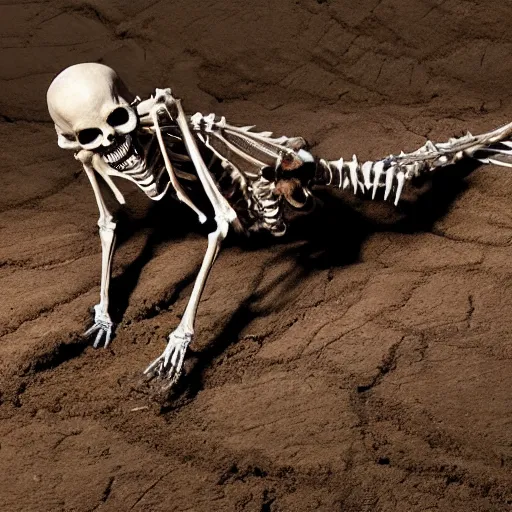 Prompt: skeletal mummy crawling through mud, grinning, eyes wide, horror, hyper realistic, photography,