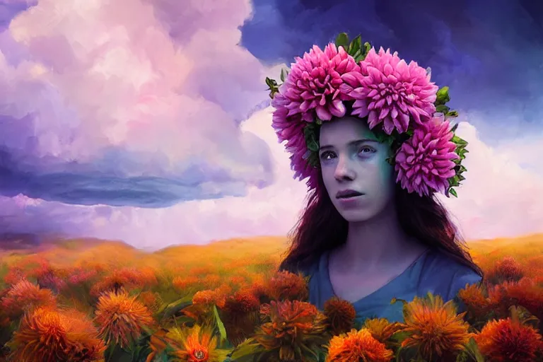 Image similar to giant dahlia flower crown under head, portrait girl on mountain, surreal photography, blue storm clouds, dramatic light, impressionist painting, digital painting, artstation, simon stalenhag