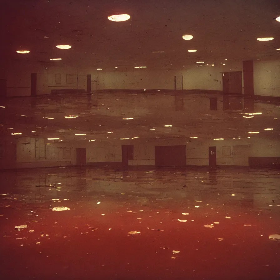 Image similar to 7 0 s movie still of an empty soviet ballroom flooded with blood, cinestill 8 0 0 t 3 5 mm, heavy grain, high quality, high detail