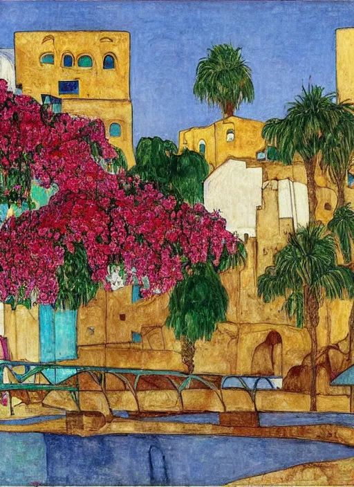 Image similar to ahwaz city in iran with a bridge on local river, 3 number house near a lot of palm trees and bougainvillea, painting by egon schiele