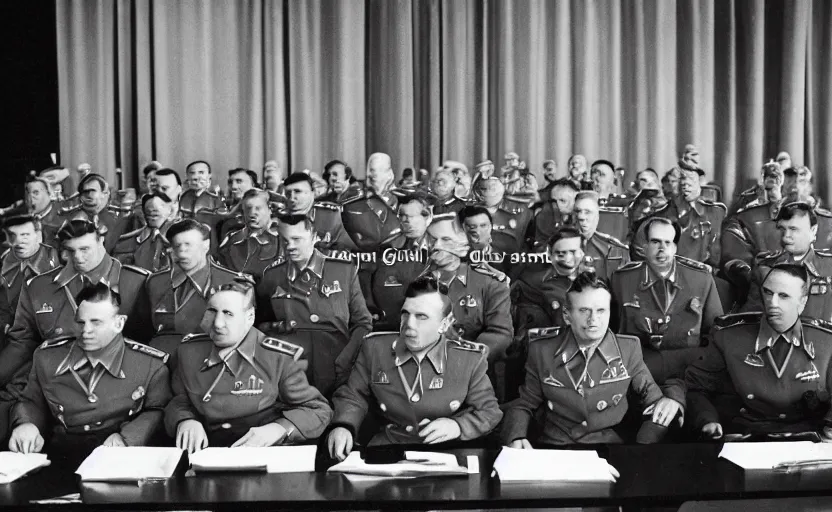 Image similar to 50s movie still of very diverse soviet generals officers marshal and politics head with very detailed faces in a stalinist parlement, by Alexei Guerman, Cinestill 800t 35mm black and white, heavy grainy picture, very detailed, high quality, 4k, HD criterion, precise texture, diverse faces, diverse haircuts, diverse ages, each faces precisely define