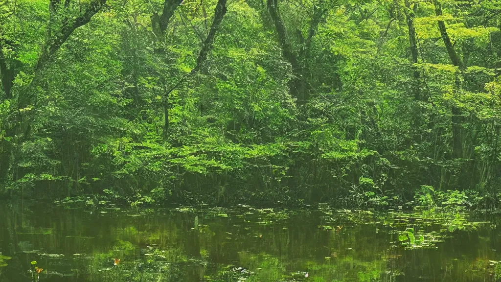 Prompt: a secluded pond there should be an ethereal, otherworldly atmosphere this is a sacred place that has not yet been tainted by the touch of man the dense canopy of the forest opens up a little above the pond and soft sunlight beams down,