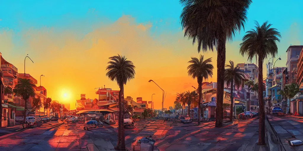 Image similar to sunset over the streets of tel aviv. colorful. highly detailed. palm trees. dogs. 8 k. artstation trending. concept art. digital painting. fluffy