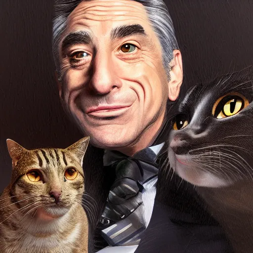 Image similar to a detailed painting of robert deniro disguised as a cat disguised as ben stiller by Cain Kuga and Junji ito, artstation,8k,artstationHD,artstationHQ, cinematic, diffuse lighting