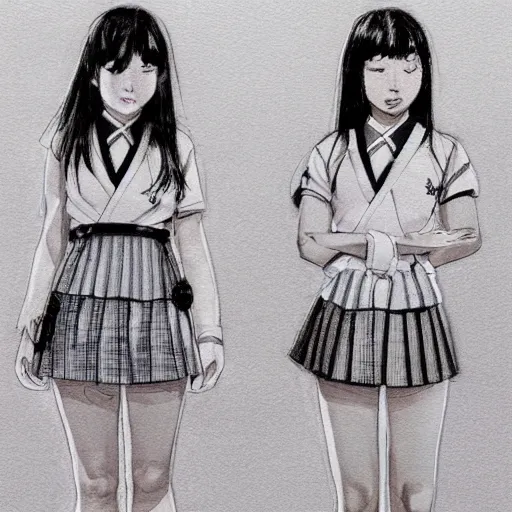 Image similar to a perfect, realistic professional digital sketch of two Japanese schoolgirls posing, in style of Marvel, full length, by pen and watercolor, by a professional American senior artist on ArtStation, a high-quality hollywood-style sketch, on high-quality paper