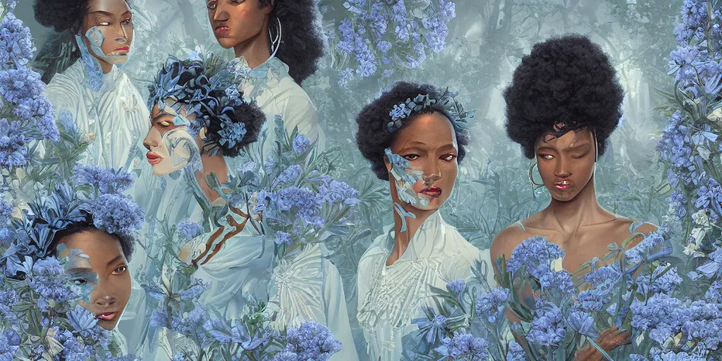 Image similar to breathtaking detailed concept art painting art deco pattern of afroamerican faces goddesses amalmation light - blue flowers with anxious piercing eyes and blend of flowers and birds, by hsiao - ron cheng and john james audubon, bizarre compositions, exquisite detail, extremely moody lighting, 8 k