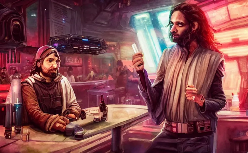 Prompt: an accurate realistic star wars watercolor fantasy concept art of a drug dealer that looks like chris d'elia looking angry in a sleazy futuristic bar of coruscant, hq, 4 k